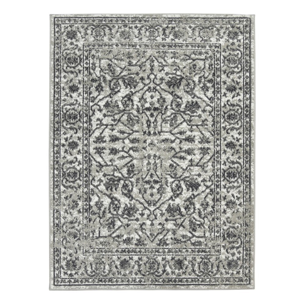 10' X 14' Ivory Light Gray And Dark Gray Floral Area Rug
