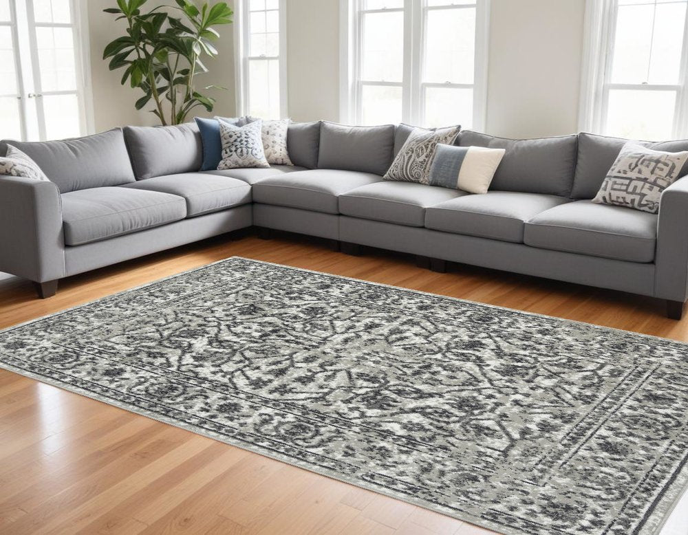 10' X 14' Ivory Gray And Dark Gray Floral Area Rug