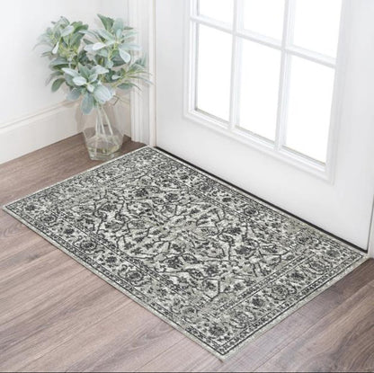 10' X 14' Ivory Light Gray And Dark Gray Floral Area Rug