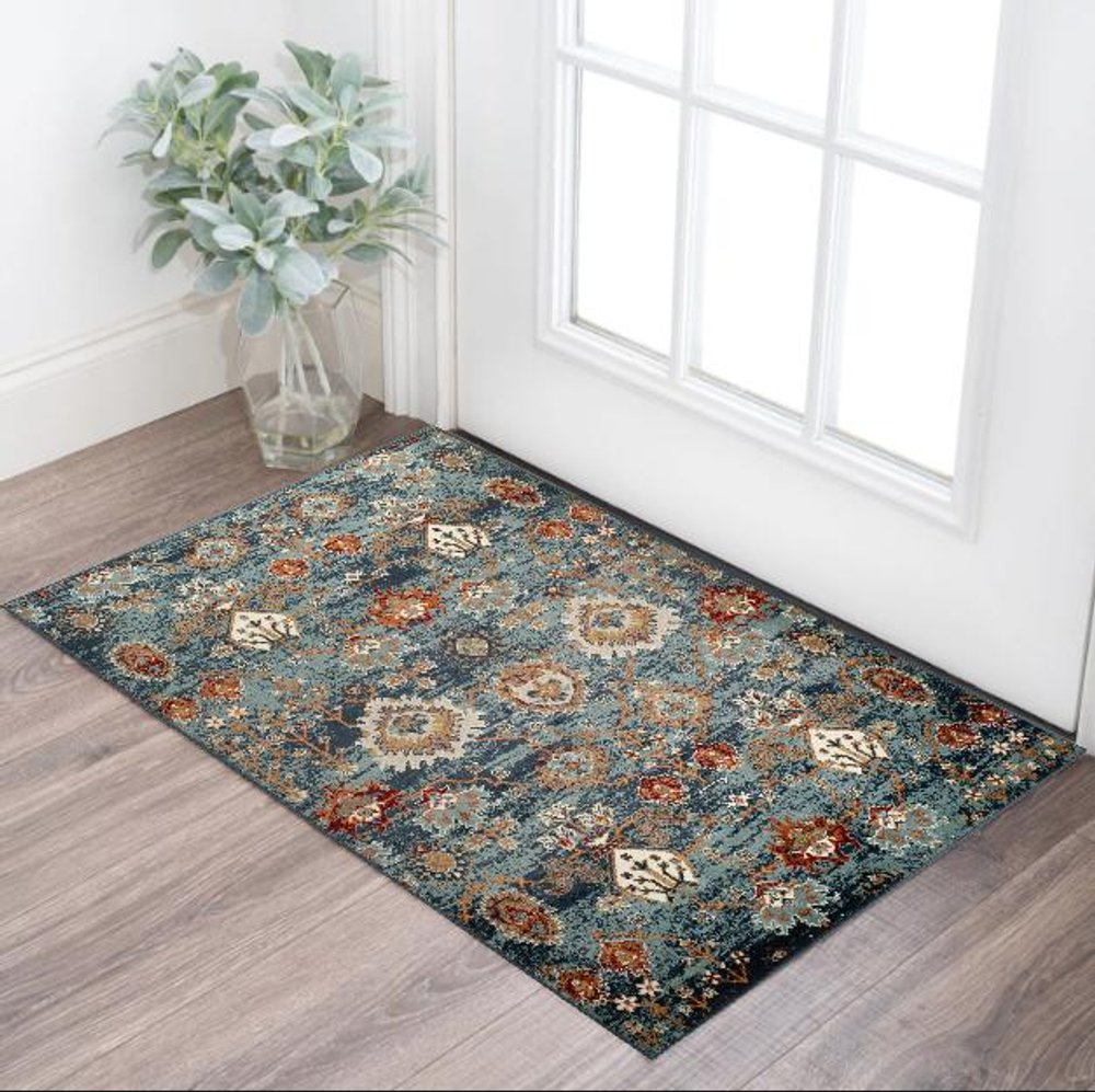 8' X 10' Teal Rust and Orange Oriental Power Loom Area Rug
