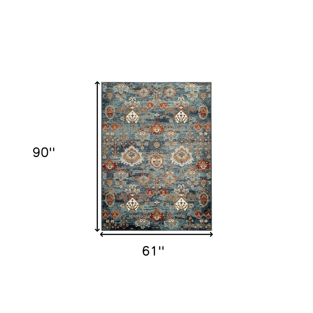5' X 8' Ivory Rust And Teal Oriental Area Rug
