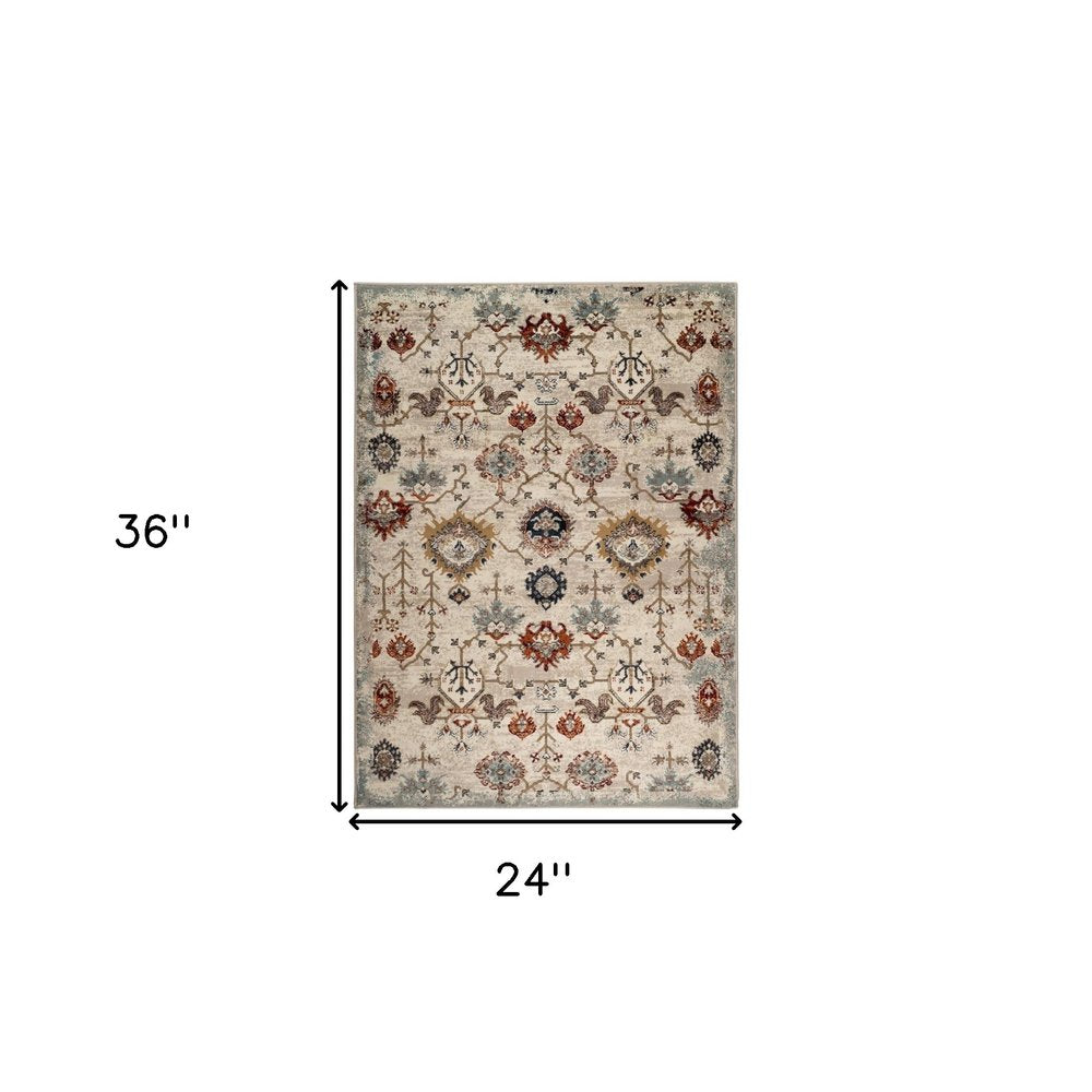 5' X 8' Beige Rust and Navy Oriental Power Loom Area Rug