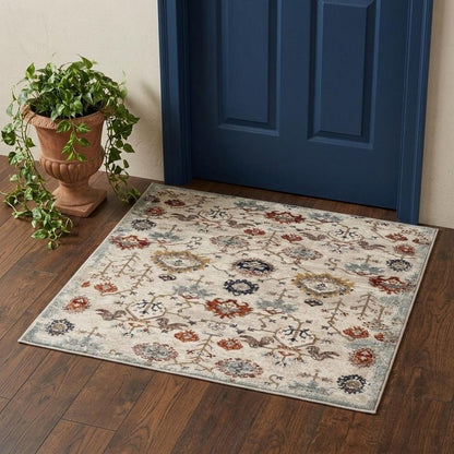 5' X 8' Beige Rust and Navy Oriental Power Loom Area Rug