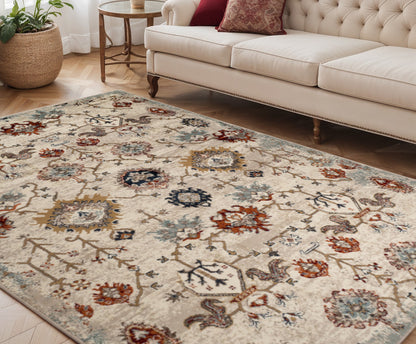 8' X 10' Beige Rust and Navy Oriental Power Loom Area Rug