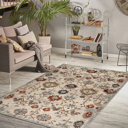 8' X 10' Beige Rust and Navy Oriental Power Loom Area Rug