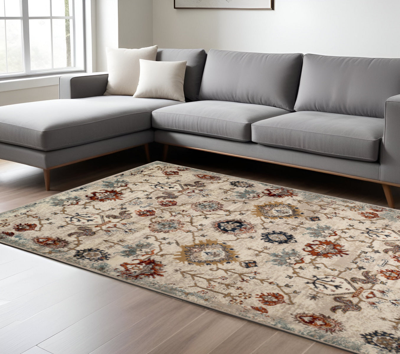 8' X 10' Beige Rust and Navy Oriental Power Loom Area Rug