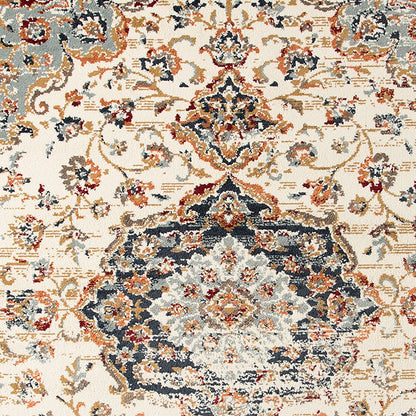 5' X 8' Ivory Navy and Orange Medallion Power Loom Area Rug