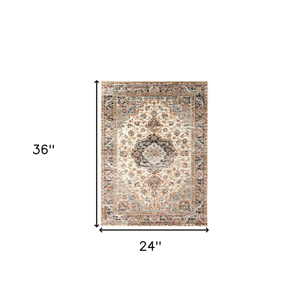 8' X 10' Ivory Navy and Orange Medallion Power Loom Area Rug