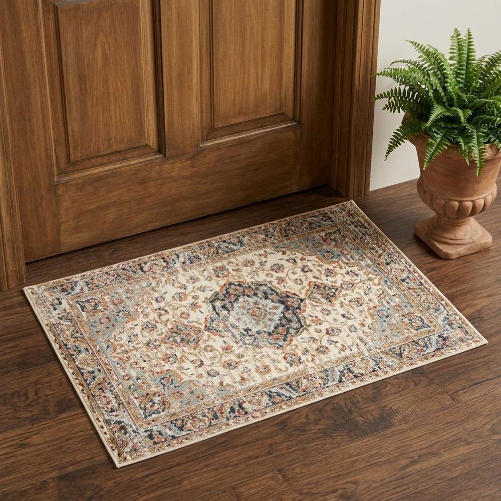 5' X 8' Ivory Navy and Orange Medallion Power Loom Area Rug