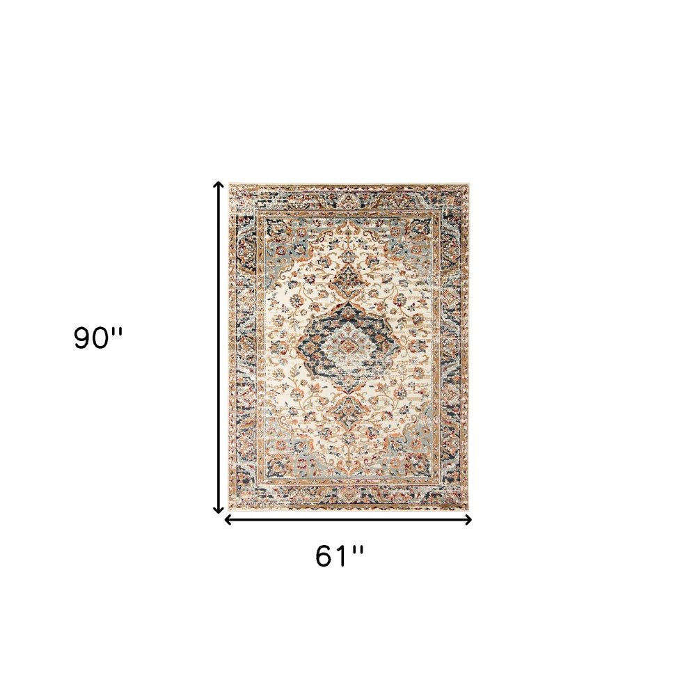 5' X 8' Ivory Navy and Orange Medallion Power Loom Area Rug