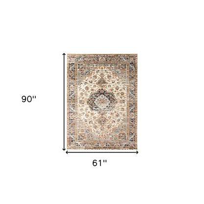 5' X 8' Ivory Navy and Orange Medallion Power Loom Area Rug
