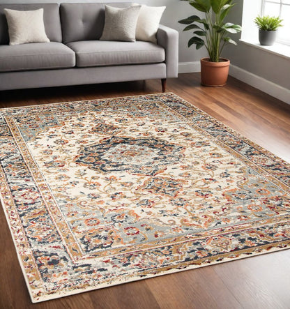 2' X 3' Ivory Navy and Orange Medallion Power Loom Area Rug