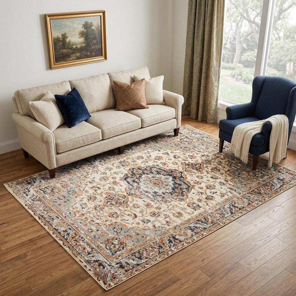 2' X 3' Ivory Navy and Orange Medallion Power Loom Area Rug