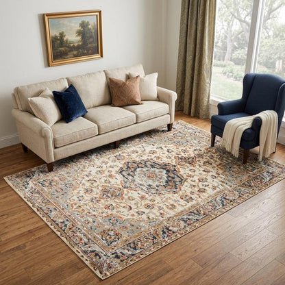 5' X 8' Ivory Navy and Orange Medallion Power Loom Area Rug