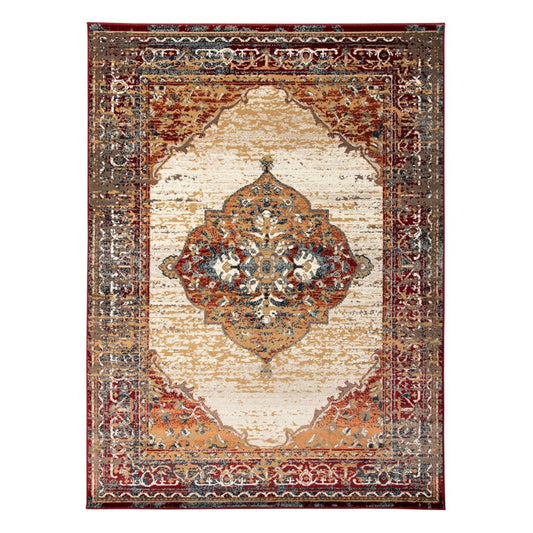 8' X 10' Ivory Red and Orange Medallion Power Loom Area Rug