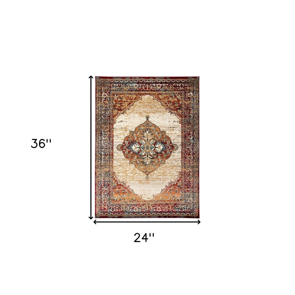 2' X 3' Ivory Red and Orange Medallion Power Loom Area Rug