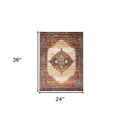 2' X 3' Ivory Red and Orange Medallion Power Loom Area Rug