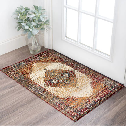 2' X 3' Ivory Red and Orange Medallion Power Loom Area Rug