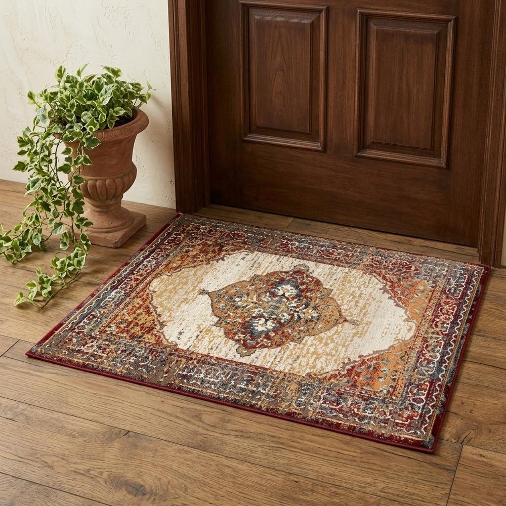 5' X 8' Ivory Red and Orange Medallion Power Loom Area Rug