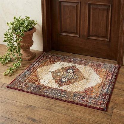 2' X 3' Ivory Red and Orange Medallion Power Loom Area Rug