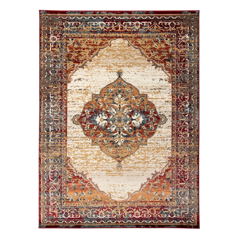 5' X 8' Ivory Red and Orange Medallion Power Loom Area Rug