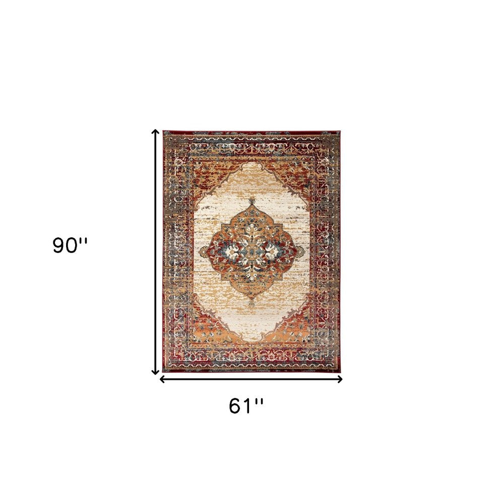 5' X 8' Ivory Red and Orange Medallion Power Loom Area Rug