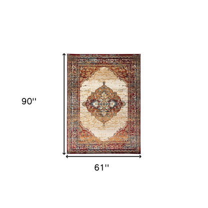 5' X 8' Ivory Red and Orange Medallion Power Loom Area Rug