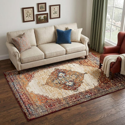 5' X 8' Ivory Red and Orange Medallion Power Loom Area Rug