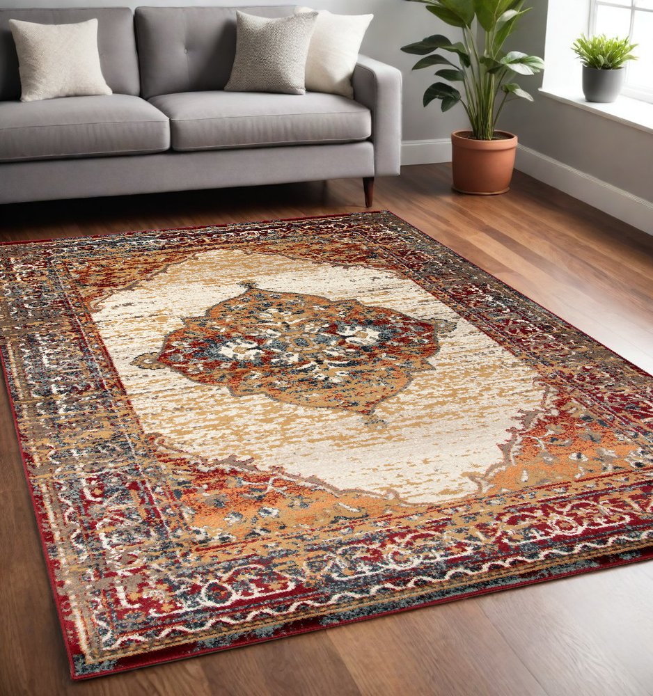 2' X 3' Ivory Red and Orange Medallion Power Loom Area Rug