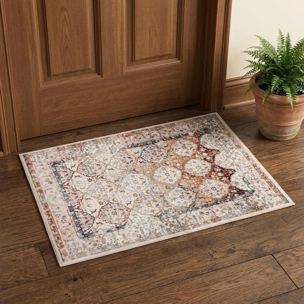 5' X 8' Beige Rust and Navy Floral Medallion Power Loom Area Rug