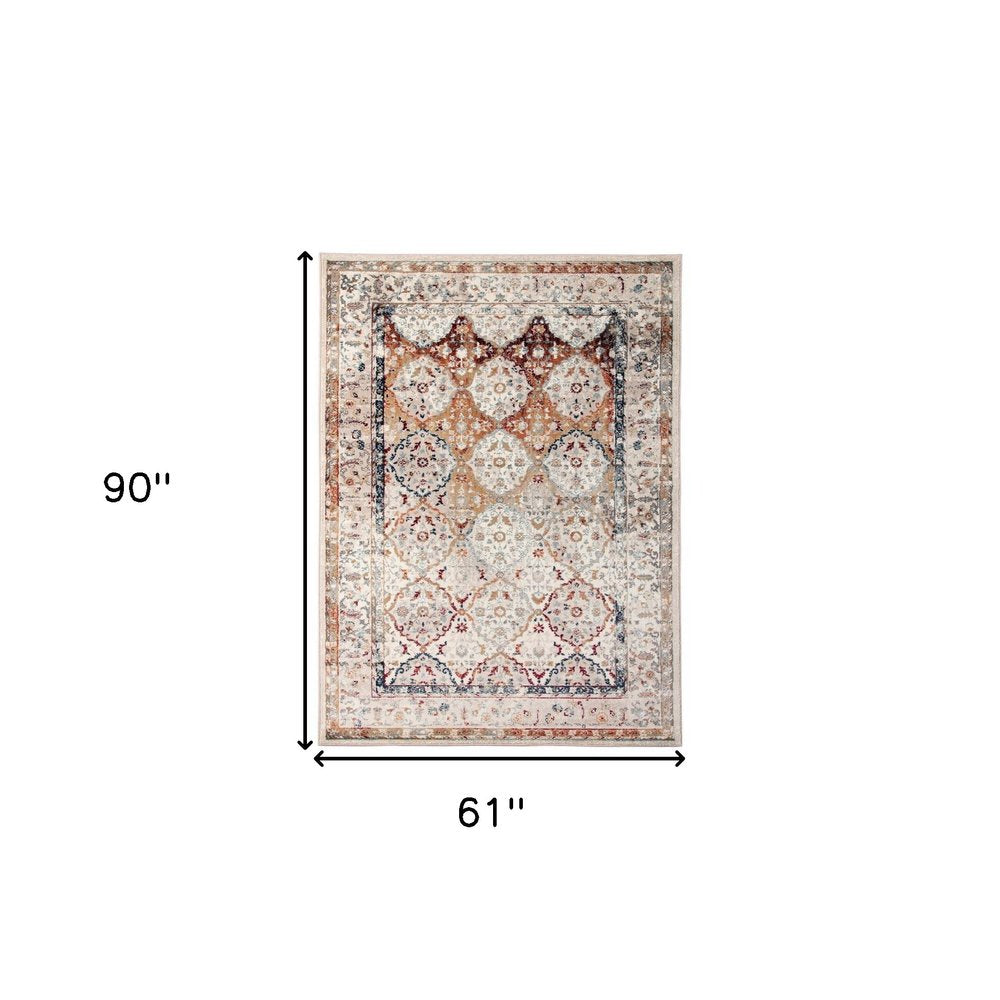 5' X 8' Beige Rust and Navy Floral Medallion Power Loom Area Rug