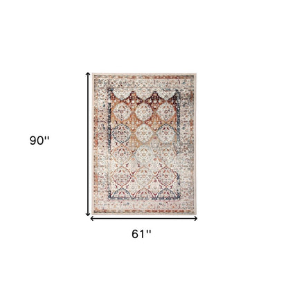 5' X 8' Beige Rust and Navy Floral Medallion Power Loom Area Rug