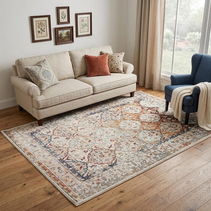 5' X 8' Beige Rust and Navy Floral Medallion Power Loom Area Rug