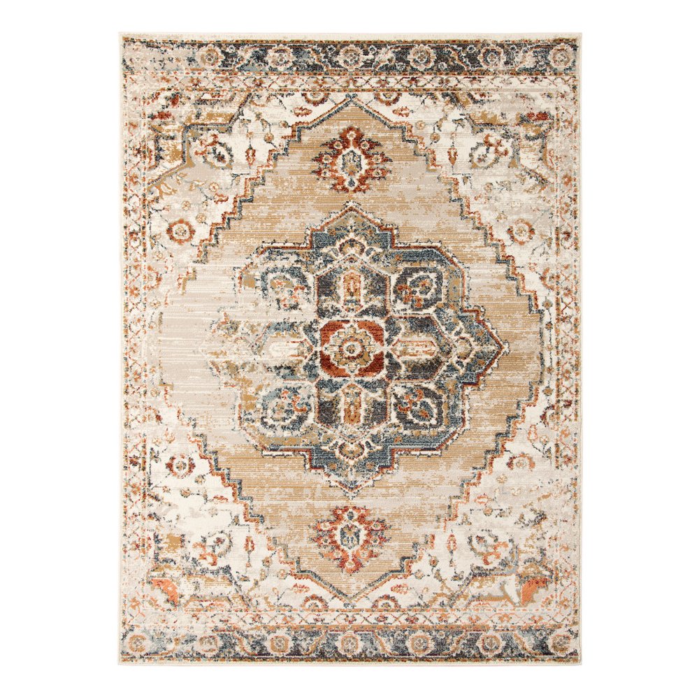 5' X 8' Ivory Tan and Gold Medallion Power Loom Area Rug