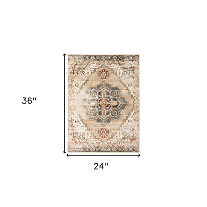 2' X 3' Ivory Tan and Gold Medallion Power Loom Area Rug
