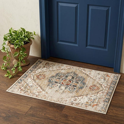 2' X 3' Ivory Tan and Gold Medallion Power Loom Area Rug