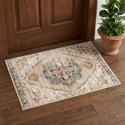 2' X 3' Ivory Tan and Gold Medallion Power Loom Area Rug
