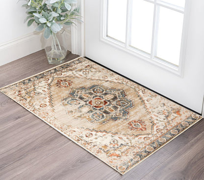 5' X 8' Ivory Tan and Gold Medallion Power Loom Area Rug