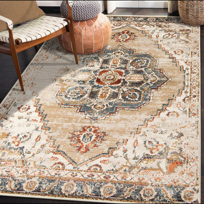 5' X 8' Ivory Tan and Gold Medallion Power Loom Area Rug