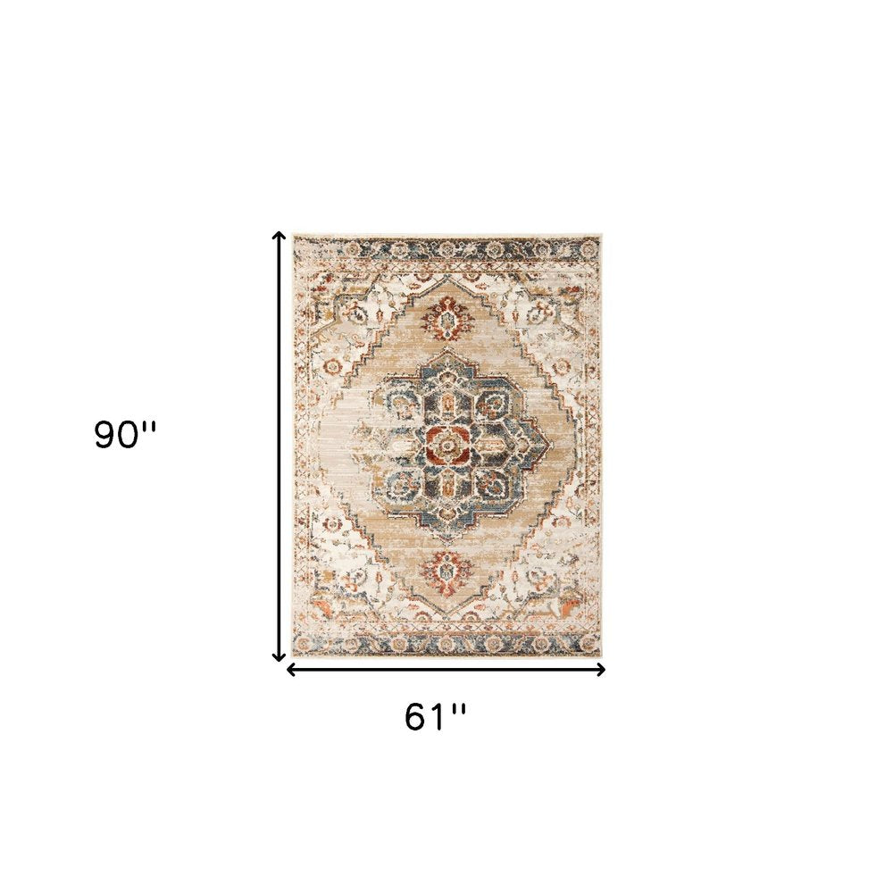 5' X 8' Ivory Tan and Gold Medallion Power Loom Area Rug