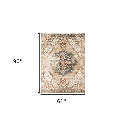 2' X 3' Ivory Tan and Gold Medallion Power Loom Area Rug