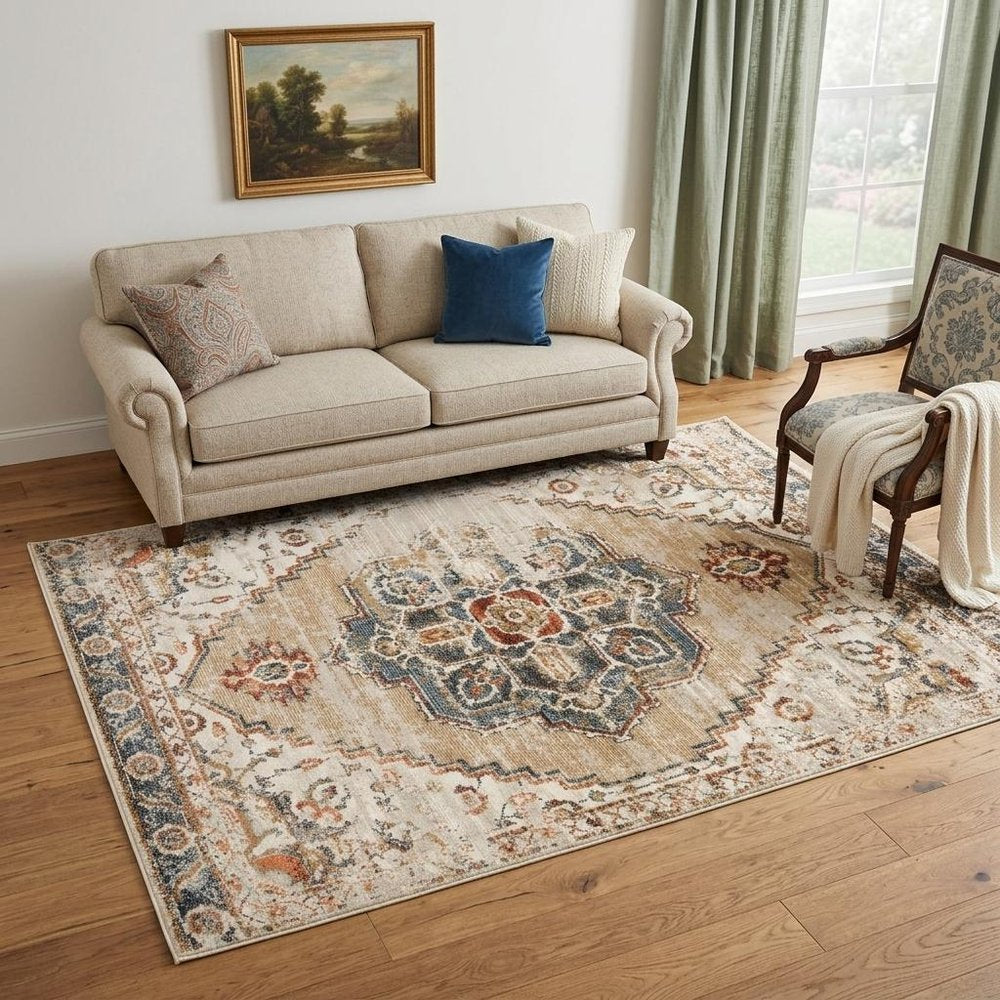 5' X 8' Ivory Tan and Gold Medallion Power Loom Area Rug