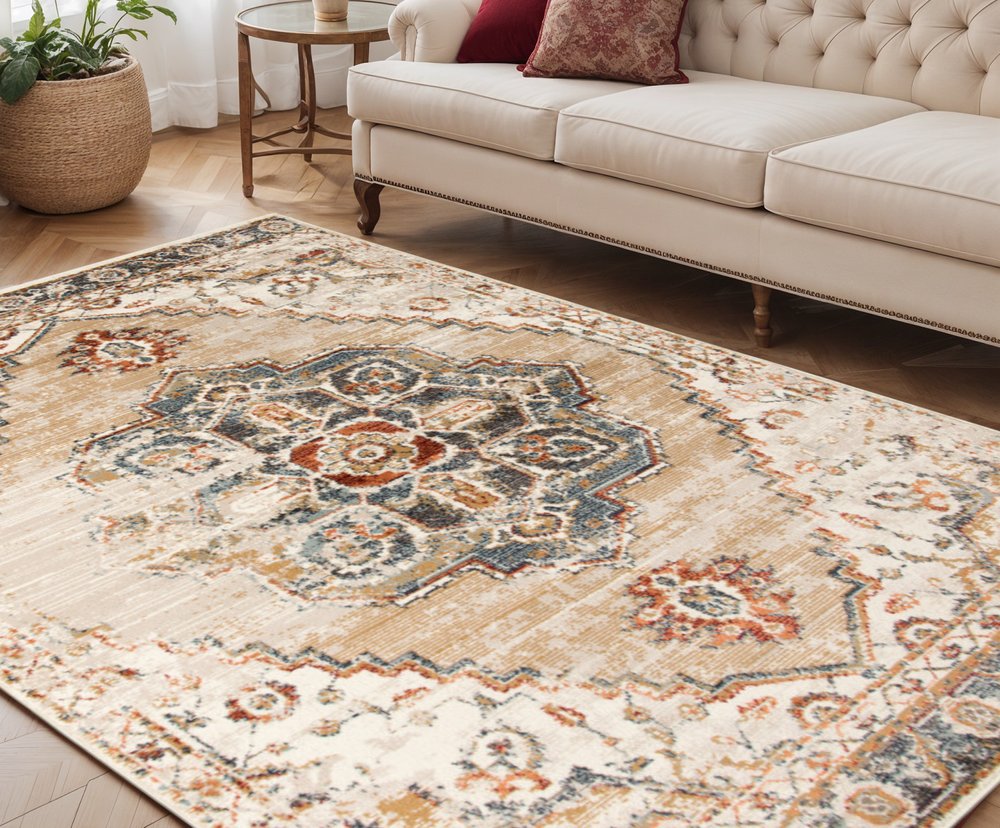 5' X 8' Ivory Tan and Gold Medallion Power Loom Area Rug