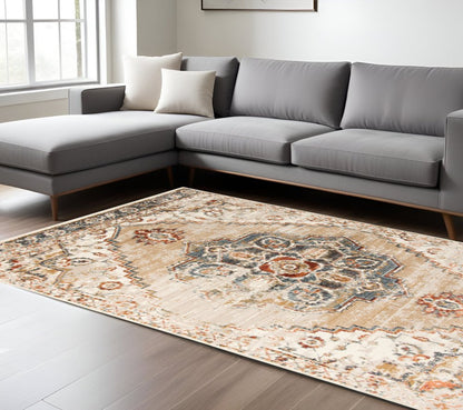 5' X 8' Ivory Tan and Gold Medallion Power Loom Area Rug