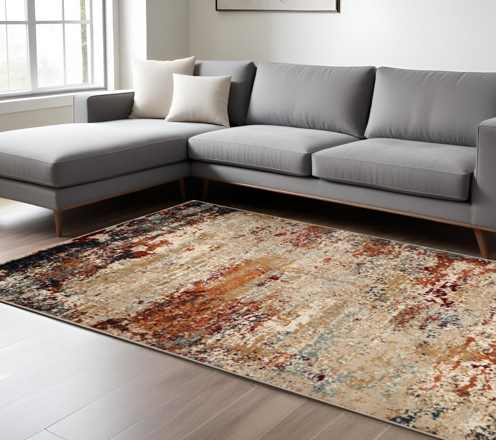 8' X 10' Orange and Black Abstract Power Loom Area Rug