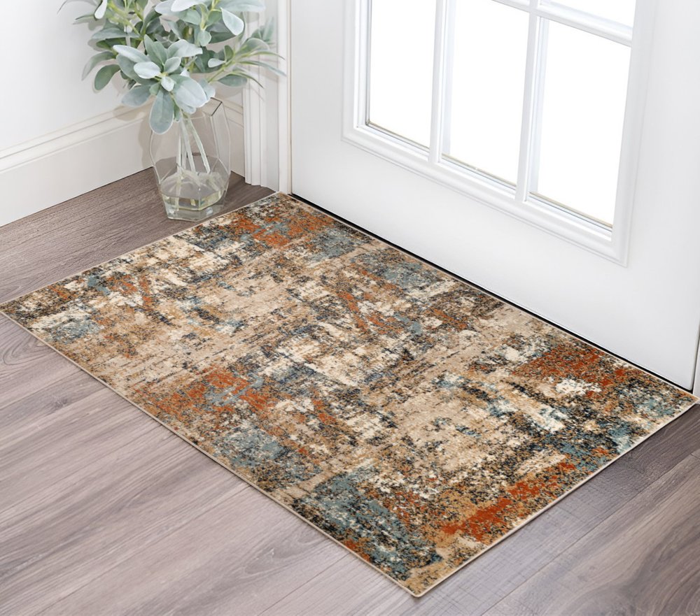 2' X 3' Tan Orange and Gray Abstract Power Loom Area Rug