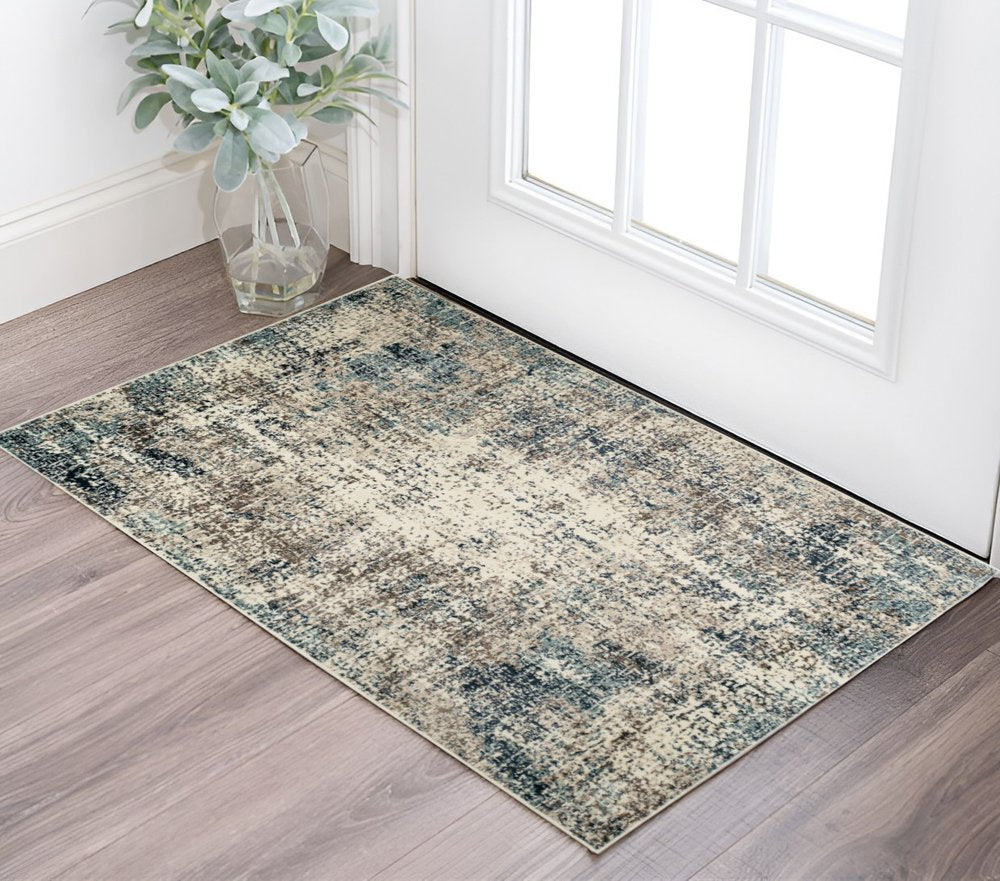 2' X 3' Ivory Blue and Gray Abstract Power Loom Area Rug