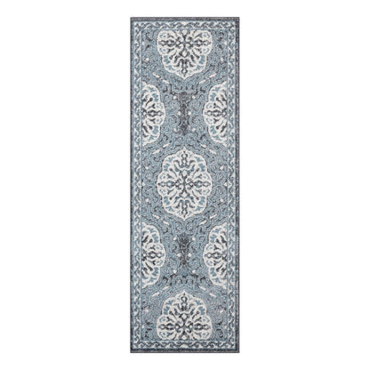 6' Charcoal and Ivory Medallion Power Loom Runner Rug