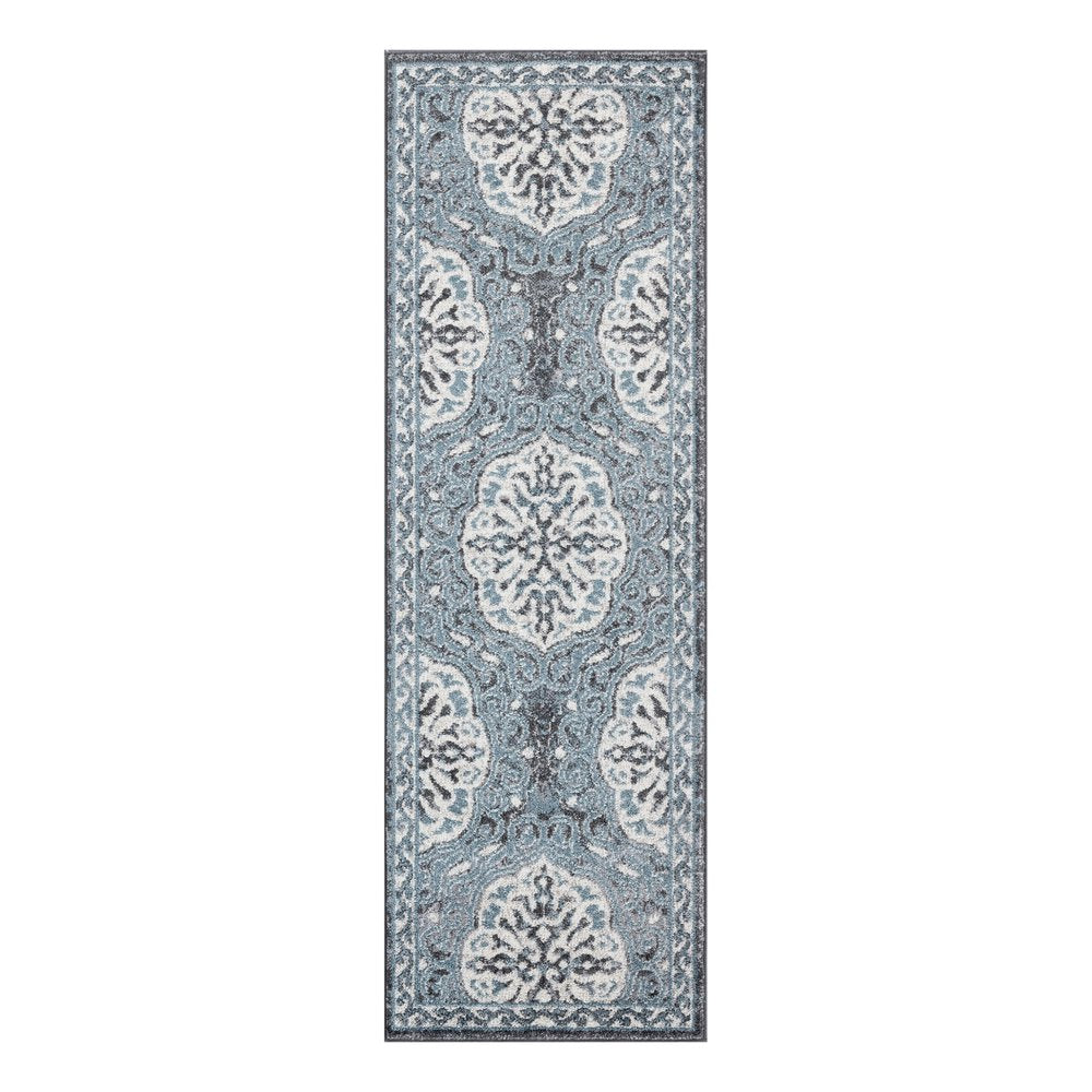 6' Charcoal and Ivory Medallion Power Loom Runner Rug