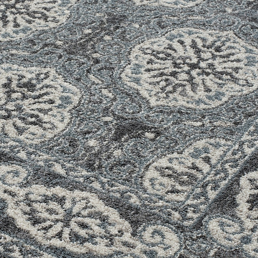 6' Charcoal and Ivory Medallion Power Loom Runner Rug